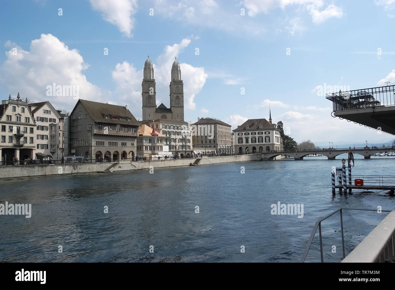 Cityscape with a view of the river and buildings in Zurich in spring, Swiss. Stock Photo