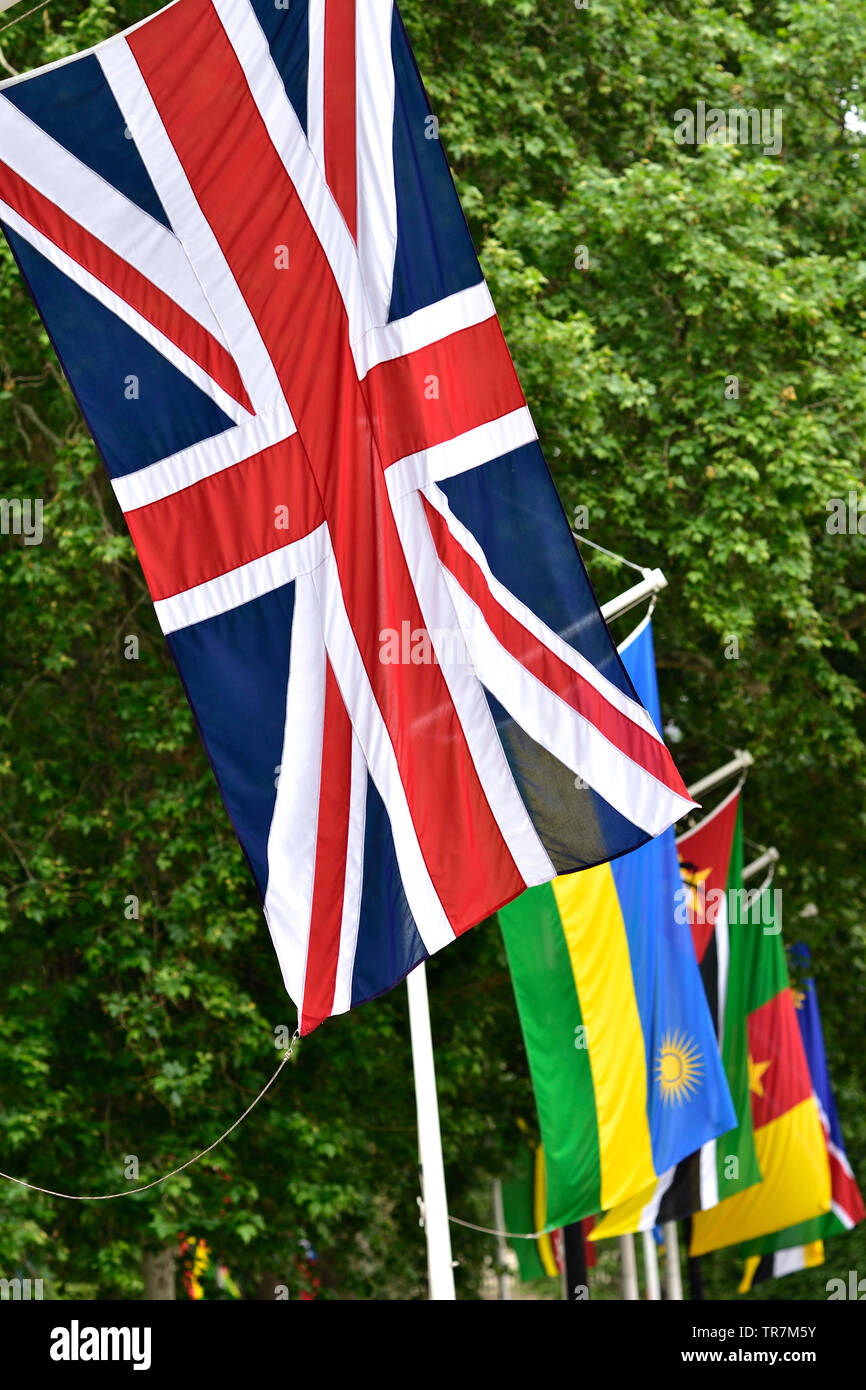 London, England, UK. Commonwealth flags in Horse Guards Road ready for the Trooping of the Colour; Union flag; Rwanda; Stock Photo