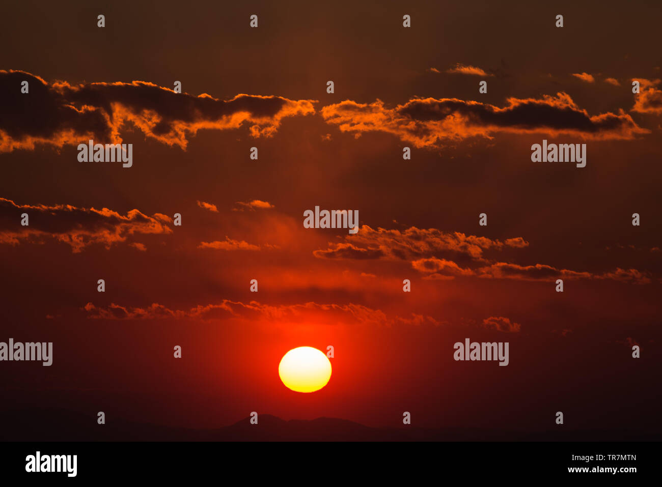 Dramatic sunset sky with orange colored clouds and sun Stock Photo - Alamy