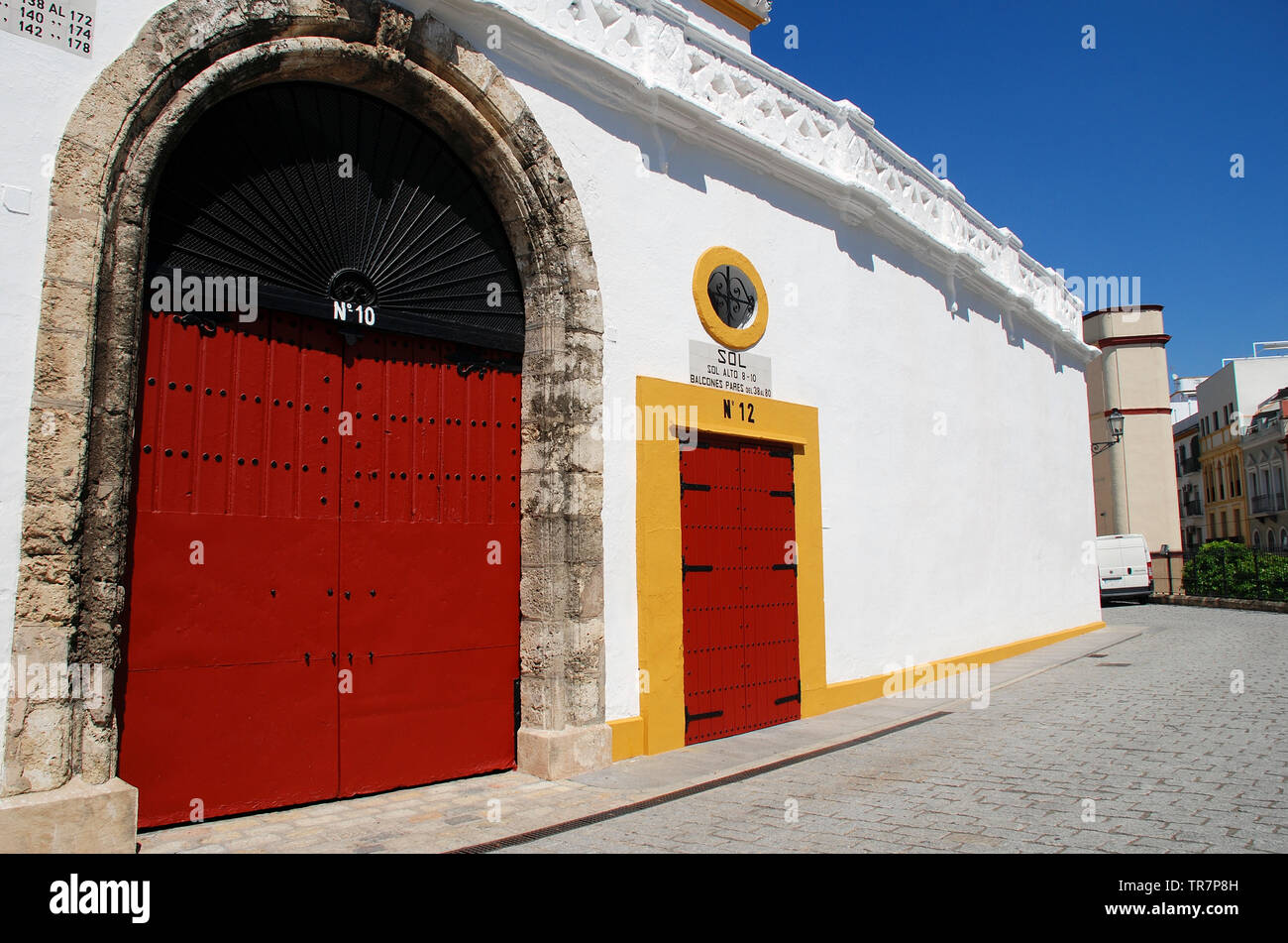 The Plaza de Toros de la Real Maestranza in Seville, Spain on April 3, 2019. The bullfighting ring has a capacity of twelve thousand people. Stock Photo