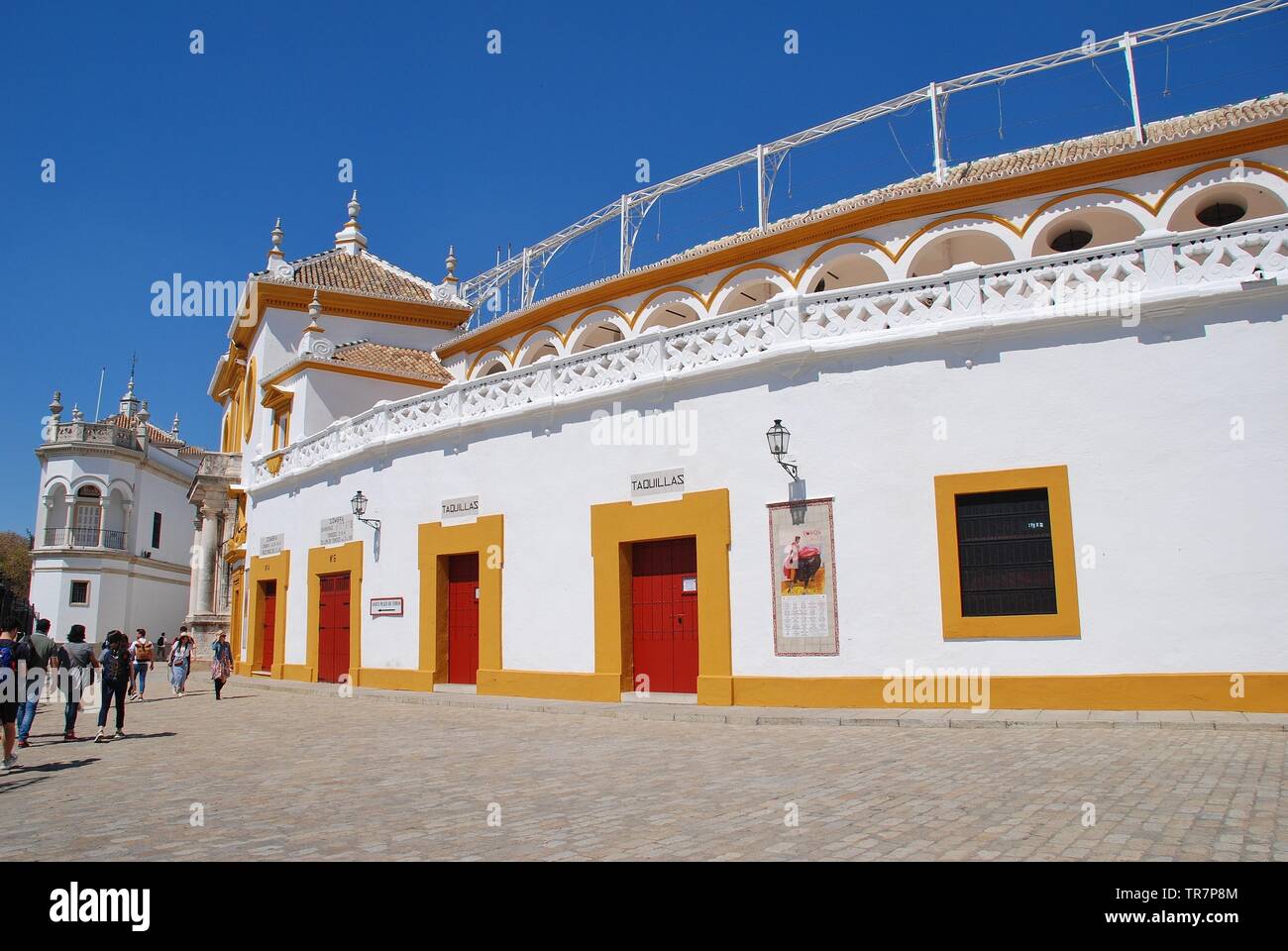 The Plaza de Toros de la Real Maestranza in Seville, Spain on April 3, 2019. The bullfighting ring has a capacity of twelve thousand people. Stock Photo