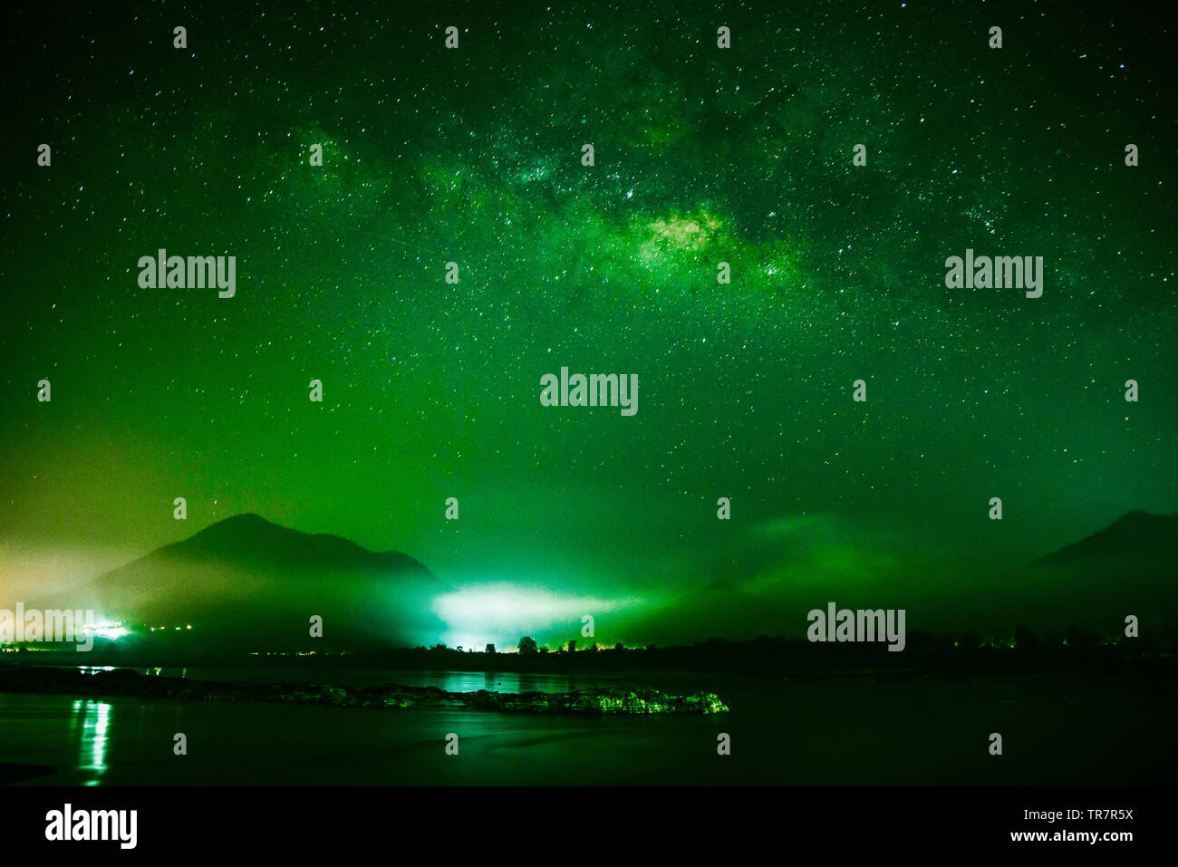 Milky Way Galaxy Landscape Rivers On Green Color And Light With Mountains Background On The Dark Sky Night In Thailand Stock Photo Alamy