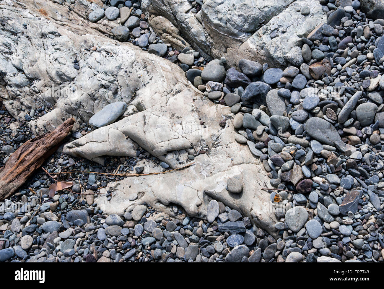 Abstracted detail of the rocky shore of Te Hoiere / Pelorus River, in the Marlborough region of New Zealand Stock Photo