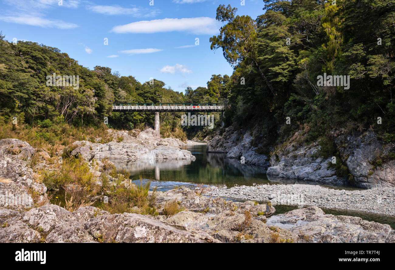 A view of the Pelorus Bridge and the forest at Te Joiere / Pelorus River, in the Marlborough region of New Zealand Stock Photo