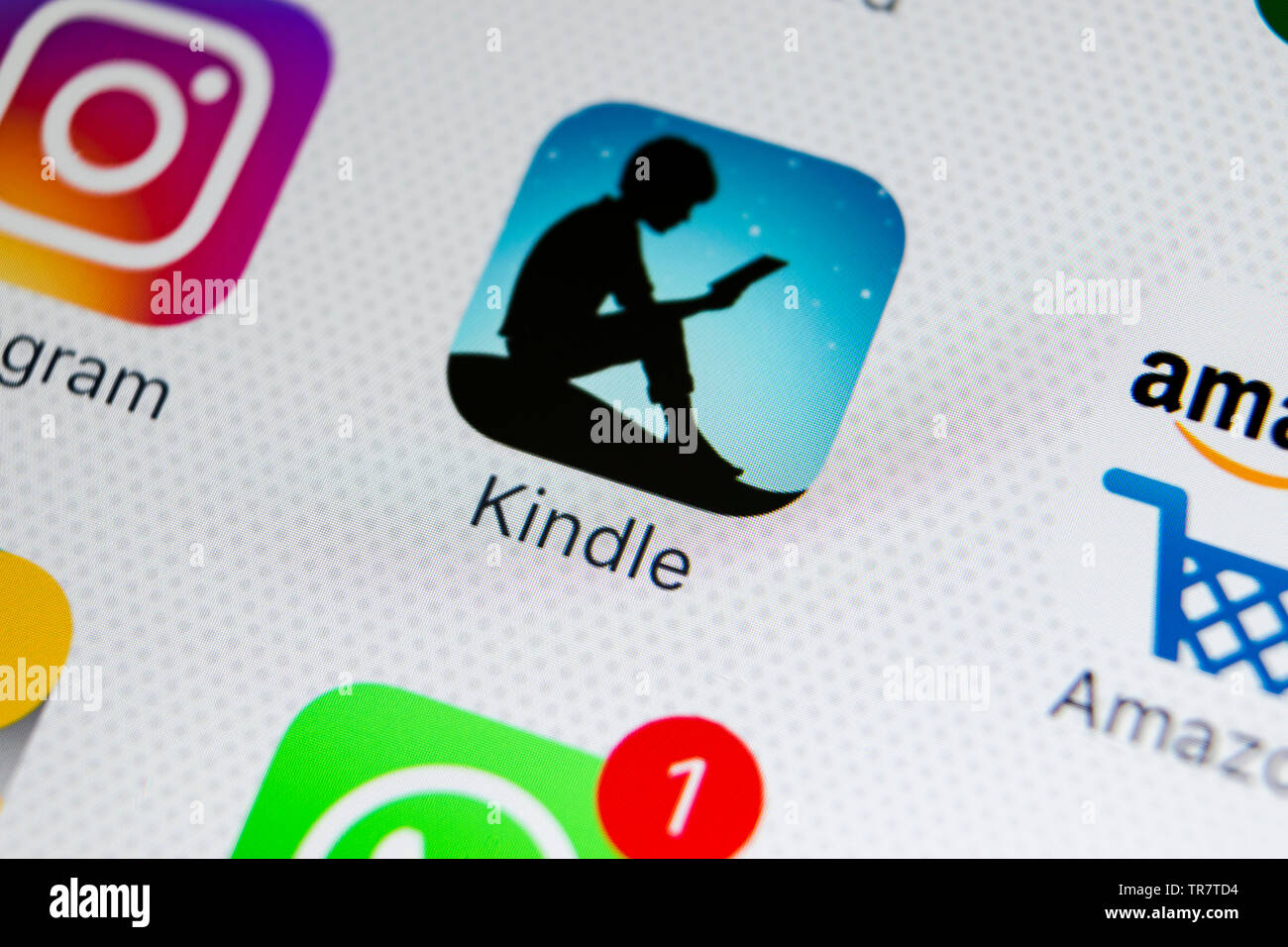 Sankt-Petersburg, Russia, February 28, 2018: Amazon Kindle application icon on Apple iPhone X screen close-up. Amazon Kindle app icon. Amazon kindle a Stock Photo