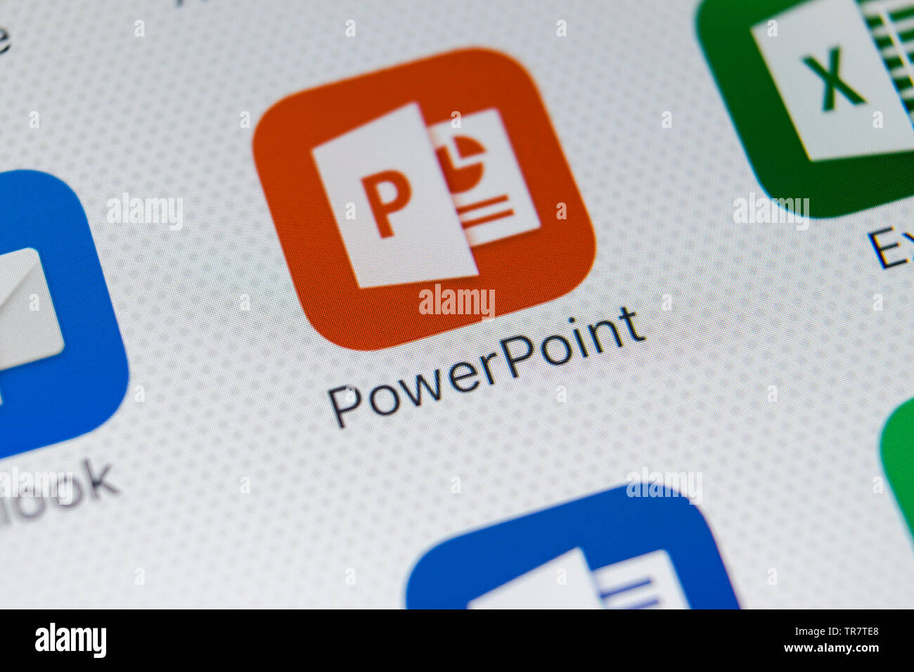 Sankt-Petersburg, Russia, February 28, 2018: Microsoft Powerpoint application icon on Apple iPhone X screen close-up. PowerPoint app icon. Microsoft P Stock Photo