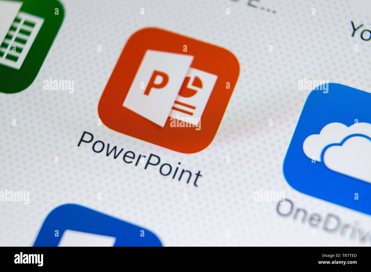 Sankt-Petersburg, Russia, February 28, 2018: Microsoft Powerpoint application icon on Apple iPhone X screen close-up. PowerPoint app icon. Microsoft P Stock Photo
