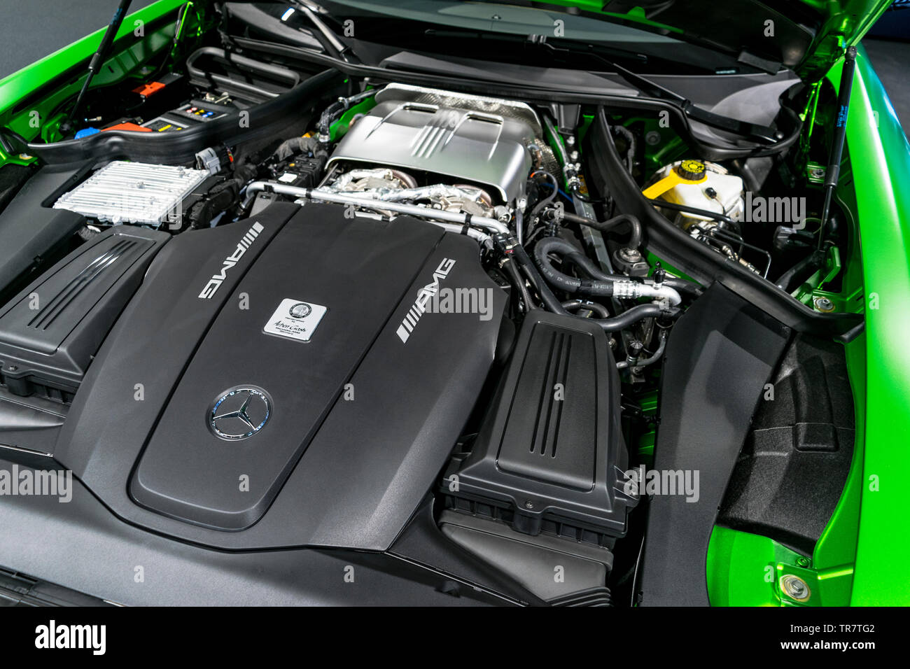 Sankt-Petersburg, Russia, January 12, 2018 : Close up of Mercedes-Benz  engine AMG GTR 2018 V8 Bi-turbo exterior details. Powerful handcrafted  engine Stock Photo - Alamy