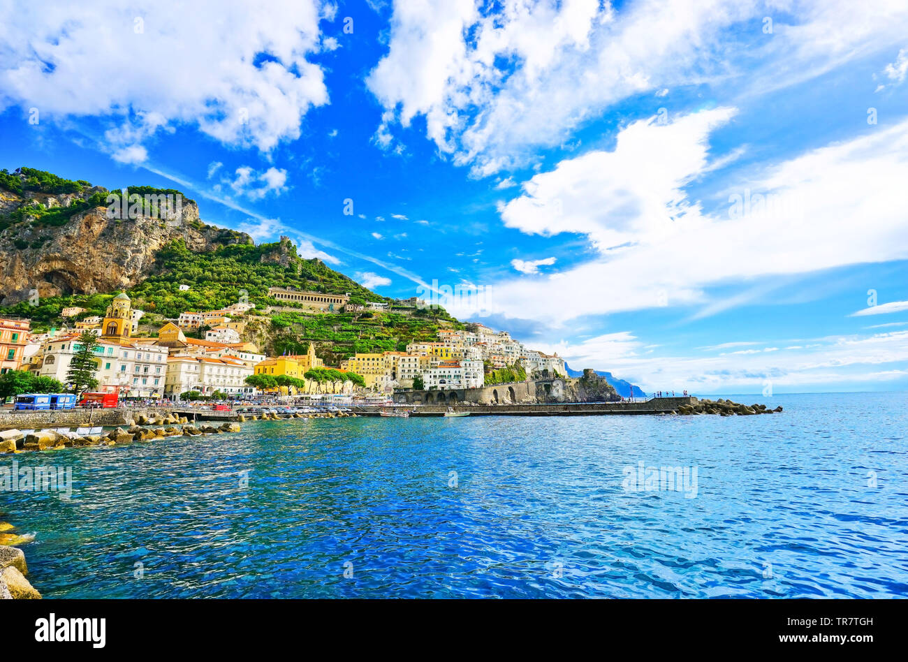 View of Amalfi along Amalfi Coast in Italy in summer Stock Photo - Alamy