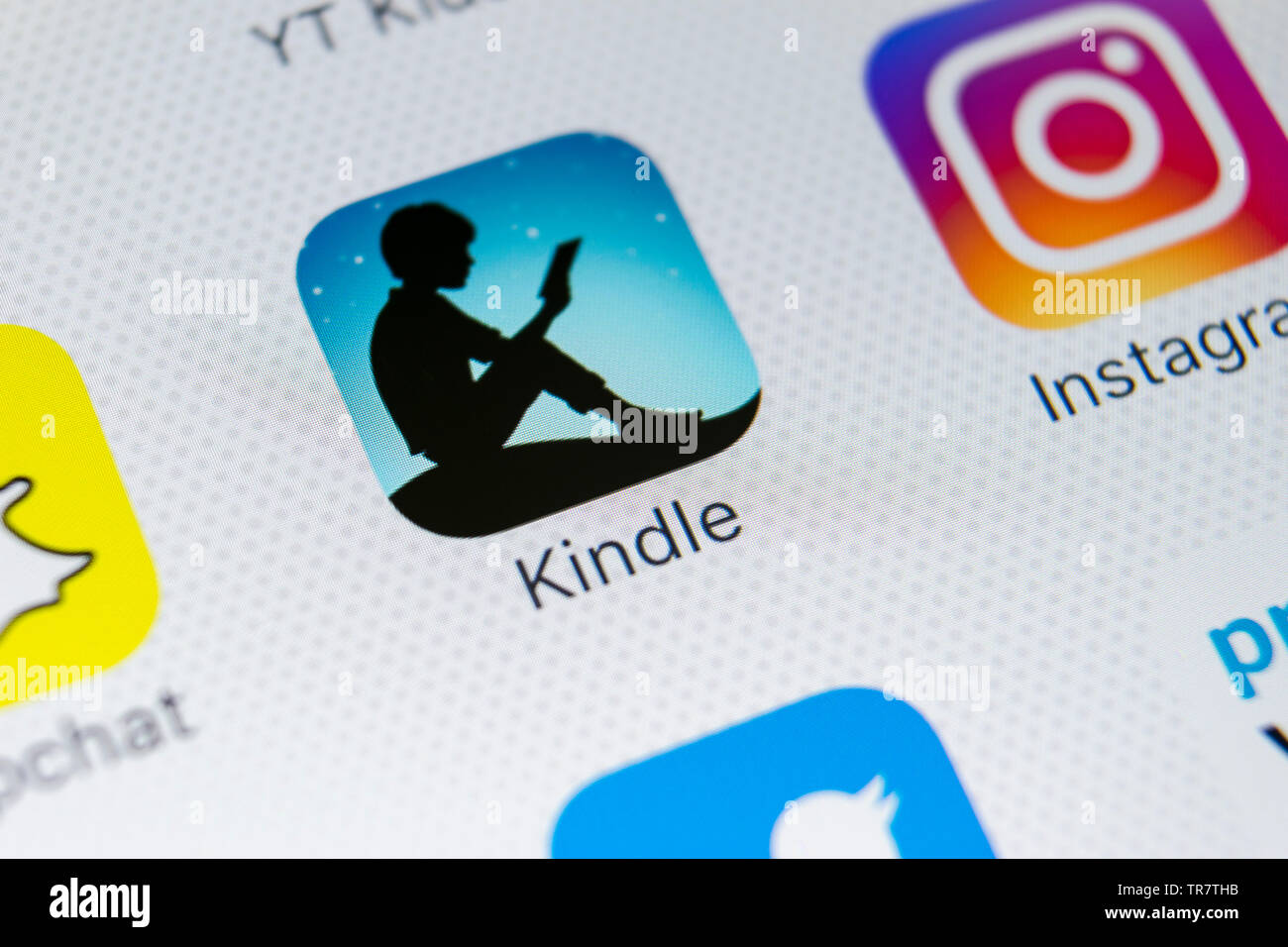 Sankt-Petersburg, Russia, March 1, 2018: Amazon Kindle application icon on Apple iPhone X screen close-up. Amazon Kindle app icon. Amazon kindle appli Stock Photo