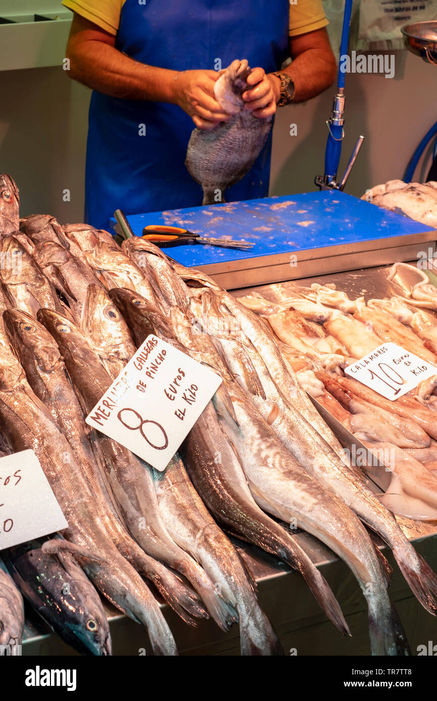 Produce in Malaga covered market. Fresh hake - merluzas, Malaga, Spain Stock Photo