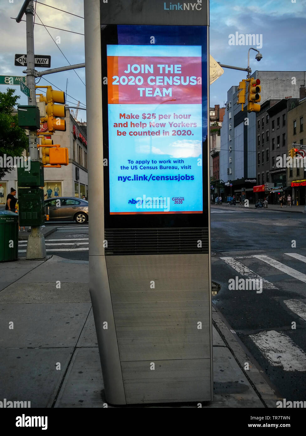 Advertising on a LinkNYC kiosk in New York promotes census jobs, seen on Sunday, May 26, 2019. The census is a count of everyone living in the United States, citizens and non-citizens. By law it is conducted every 10 years and the information is used to reapportion congressional districts as well as affecting the distribution of government funds.  (© Richard B. Levine) Stock Photo