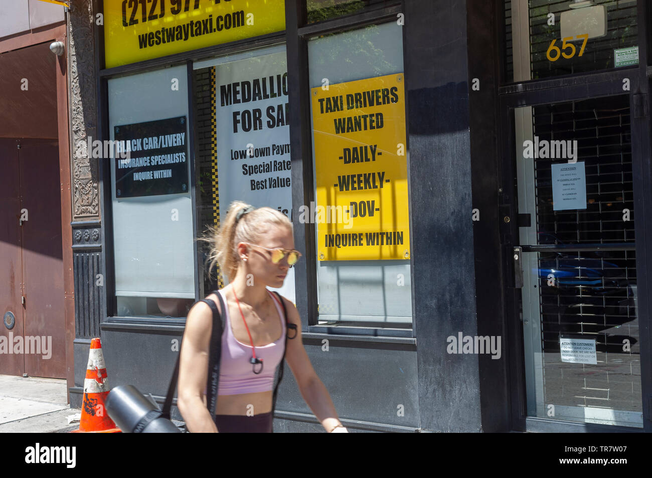 A taxi medallion brokerÕs offices in New York on Sunday, May 26, 2019. Following an investigation by the New York Times the NYS Attorney General has launched a probe into the taxi medallion business and its loan practices. (© Richard B. Levine) Stock Photo