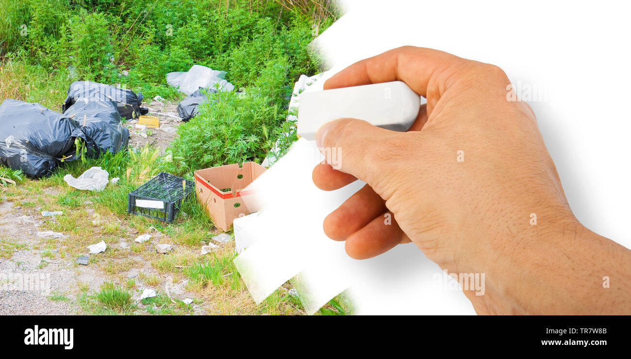 Illegal dumping with bottles, boxes and plastic bags abandoned in