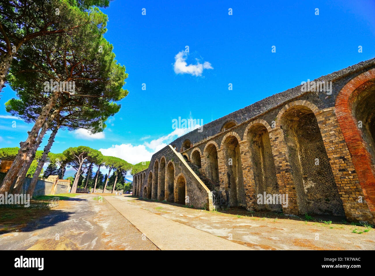 View of the roman ruins destroyed by the eruption of Mount Vesuvius centuries ago at Pompeii Archaeological Park in Pompei, Italy. Stock Photo