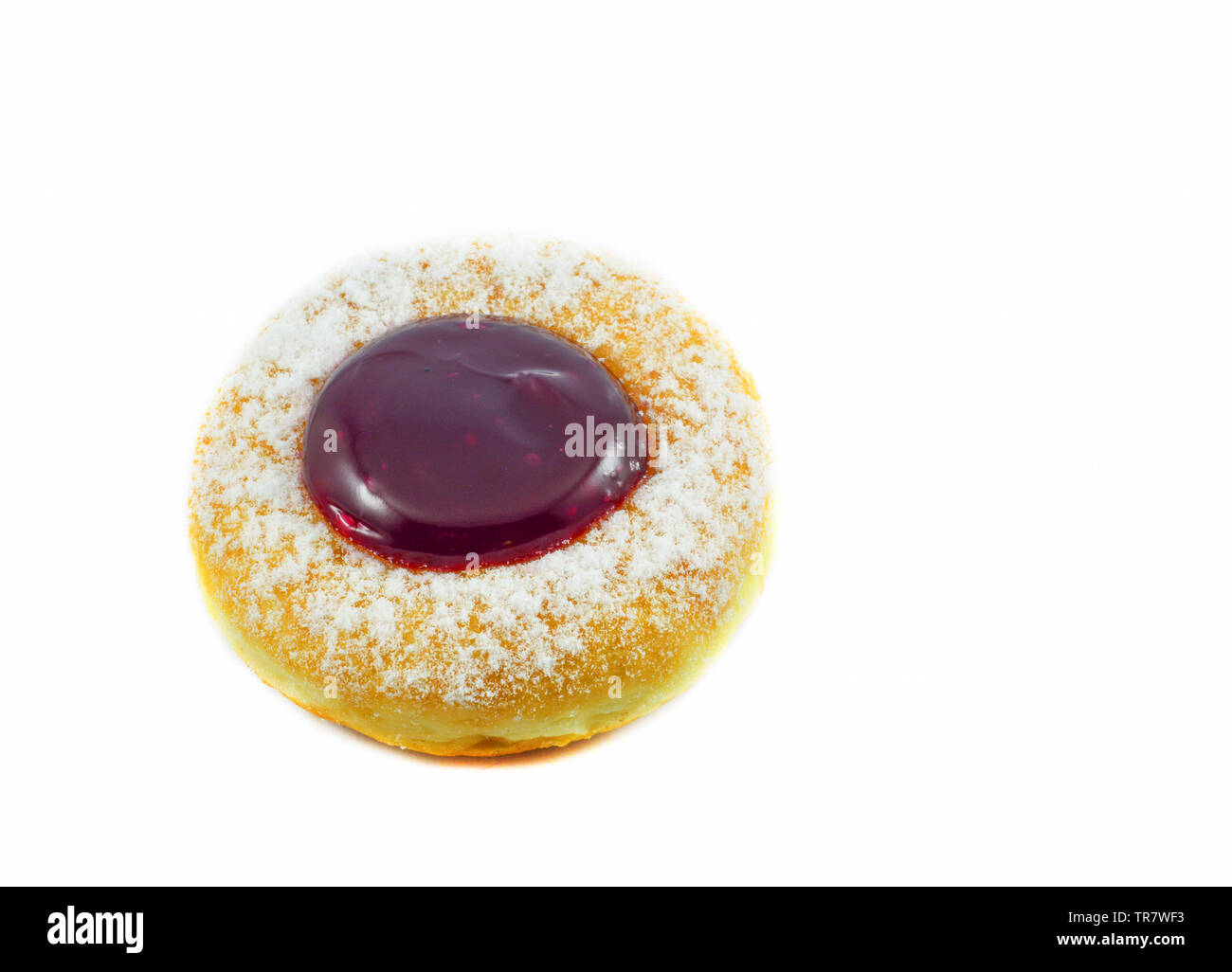 Close up of donuts with white sugar and jam blueberries cream jelly tasty isolated on white background Stock Photo