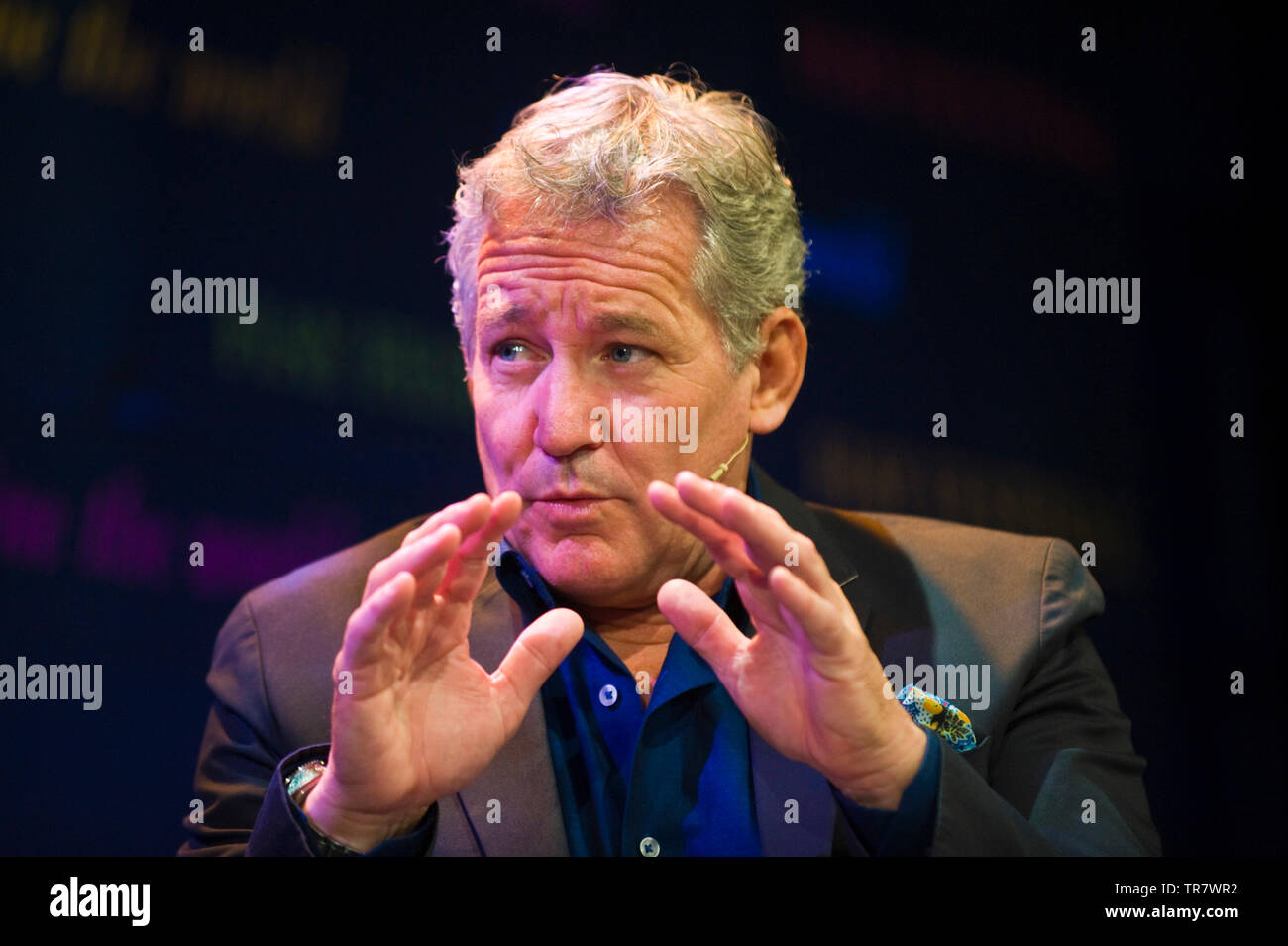Colin Armstrong MM aka Chris Ryan author television presenter security consultant and former SAS sergeant speaking on stage at Hay Festival Hay on Wye Powys Wales UK Stock Photo
