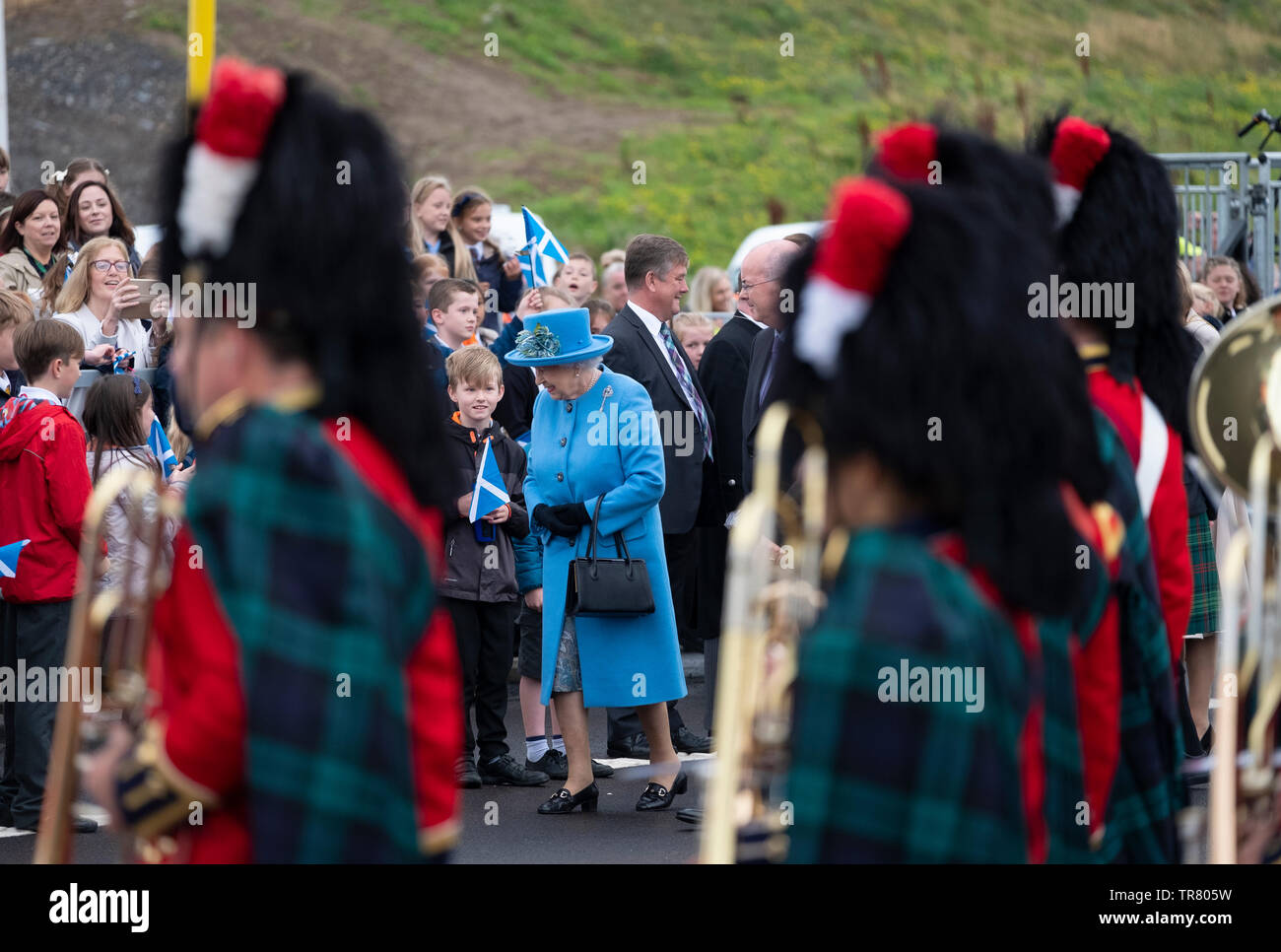 HRH Queen Elizabeth arrives at South Queensferry to officially open the  Queensferry Crossing Bridge on 4 September 2017. Stock Photo