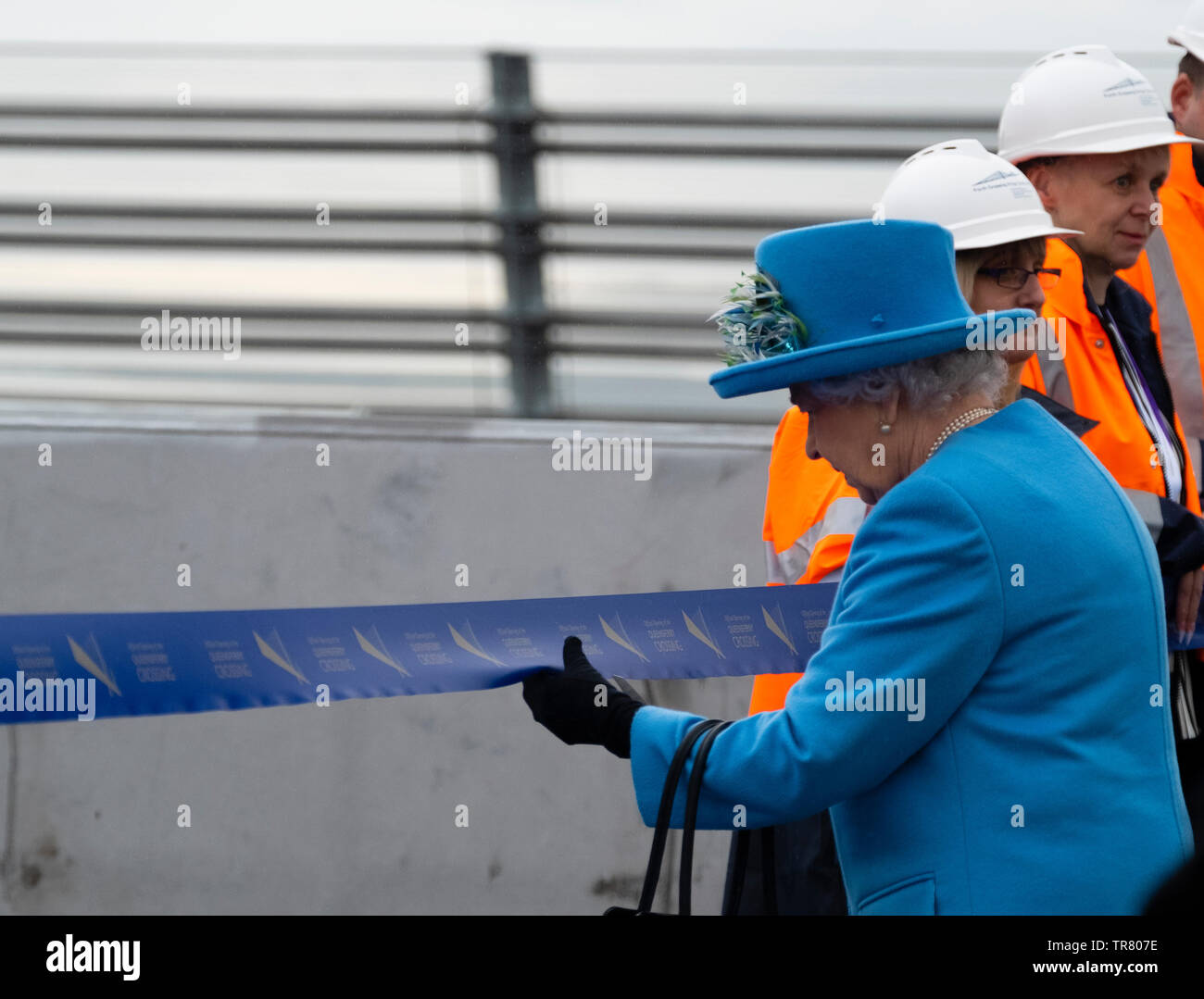 HRH Queen Elizabeth cuts the ribbon to officially open  the  Queensferry Crossing Bridge on 4 September 2017. Stock Photo