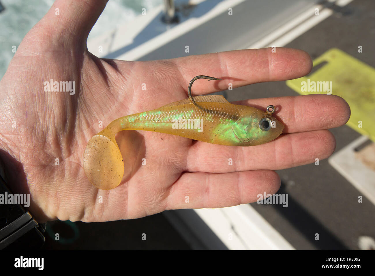 An artificial lure used for catching pollack, bass and cod from a boat when drifting over wrecks and reefs. English Channel Dorset England UK GB Stock Photo