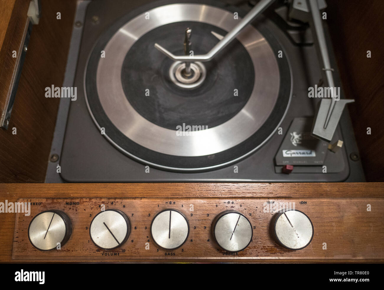 Vintage wooden HMV radiogram with Garrard Model 2000 turntable. Stock Photo