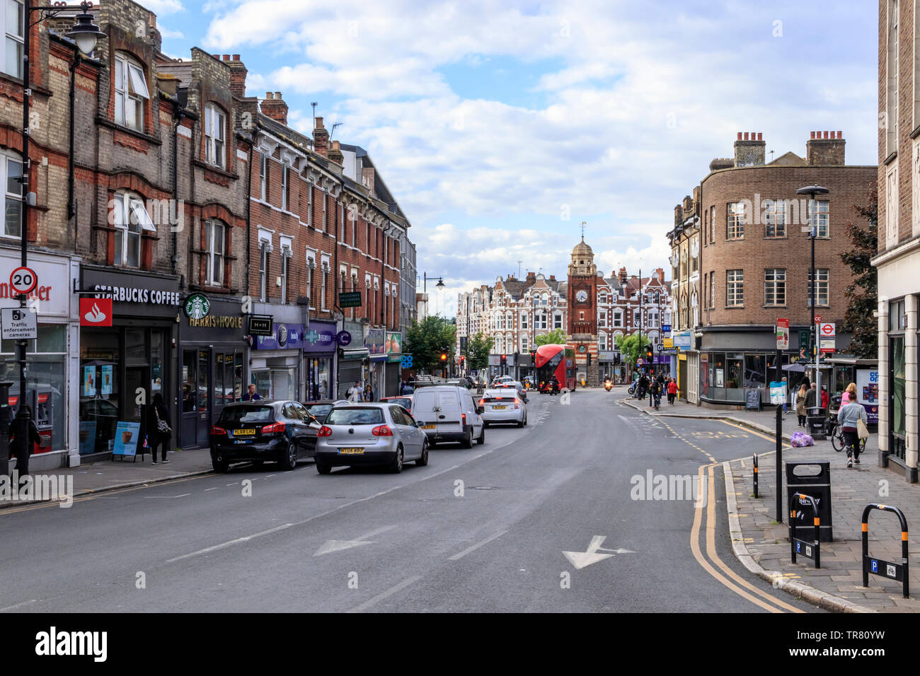 Crouch End Broadway, looking north, the clock tower in the distance, London, UK Stock Photo