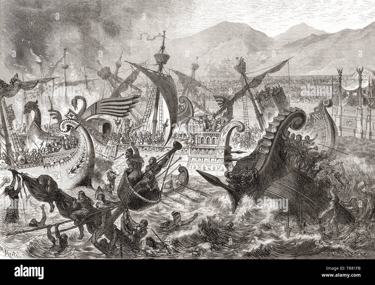 Naval combat in the coliseum in ancient Rome. The first naval battle or Naumachia, was held in the Coliseum in 80AD during its opening ceremony. The circus was flooded and flat bottomed ships, manned by convicts and designed especially for the shallow water staged the battle.  From La Ilustracion Iberica, published 1884. Stock Photo