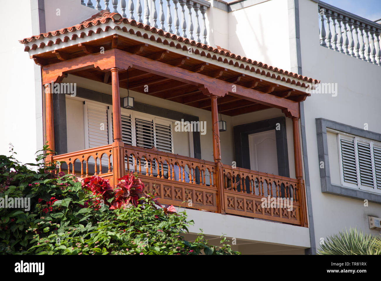 Las Palmas, Gran Canaria , Spain - 31 December , 2017. Interesting wooden balcony typical spanish architecture in Las Palmas city Stock Photo