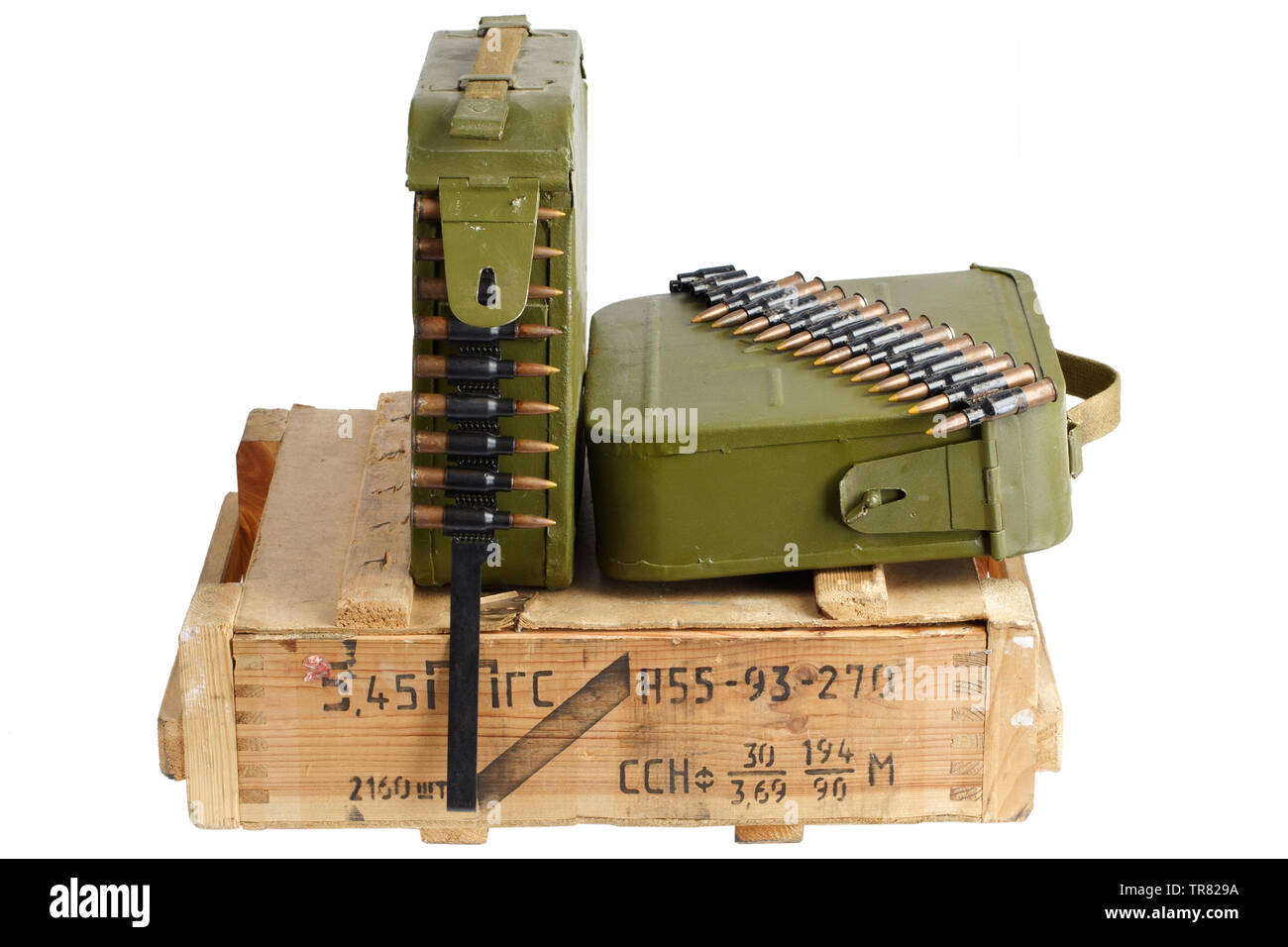 Soviet army ammunition box. Text in russian - type of ammunition ("5,45  PPSG" - 5,45 mm cartridges for AK74 assault rifle), lot number and  production Stock Photo - Alamy