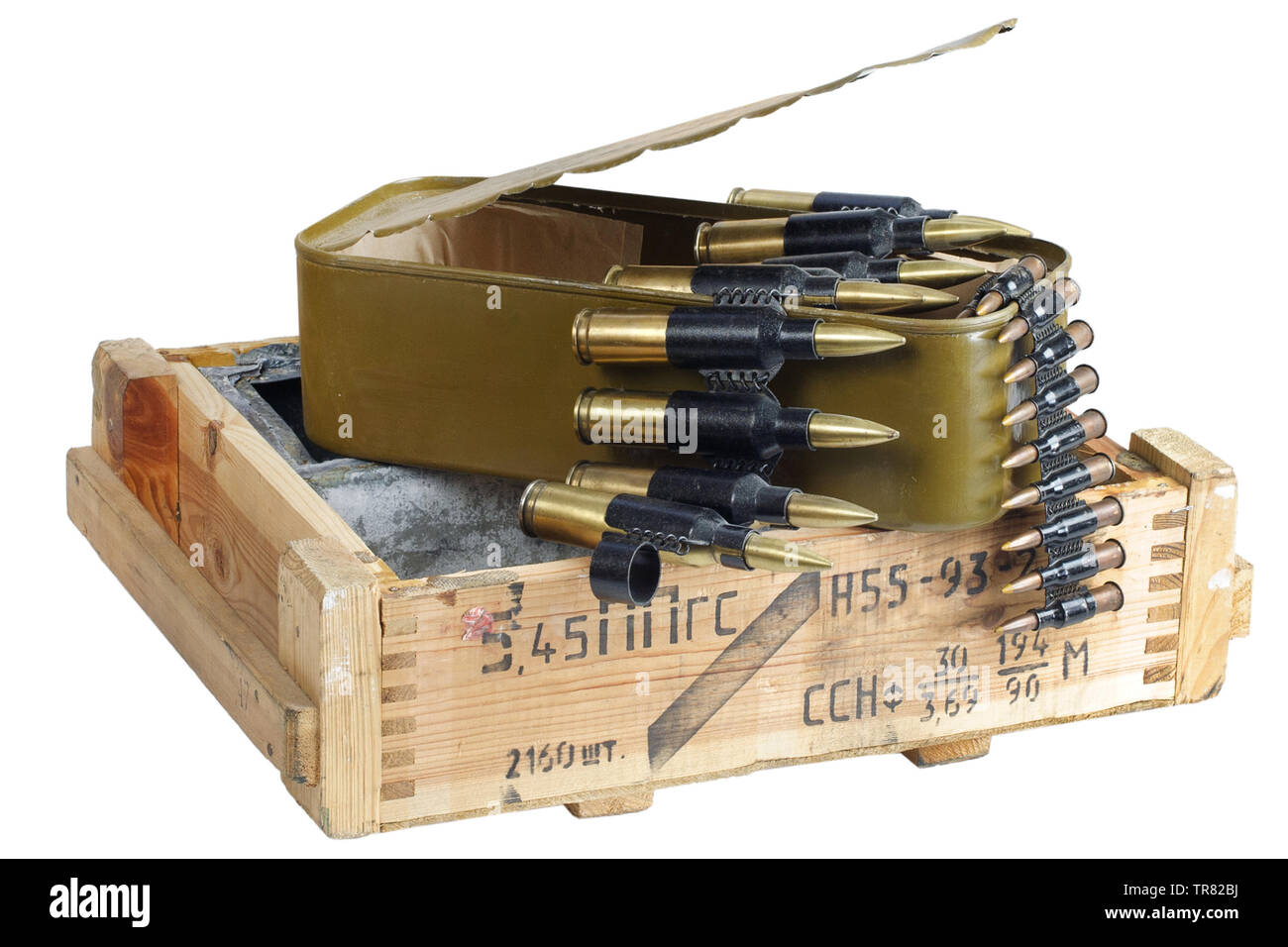 Soviet army ammunition box. Text in russian - type of ammunition ("5,45 PPSG" - 5,45 mm cartridges for AK74 assault rifle), lot number and production Stock Photo