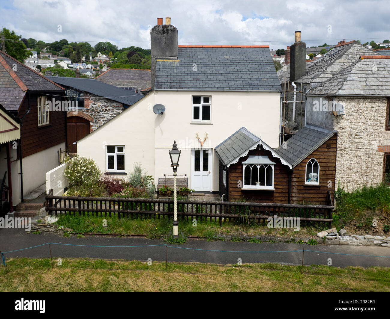 Railway cottage at Launceston steam railway, available to rent as a holiday cottage. Launceston, Cornwall, UK Stock Photo