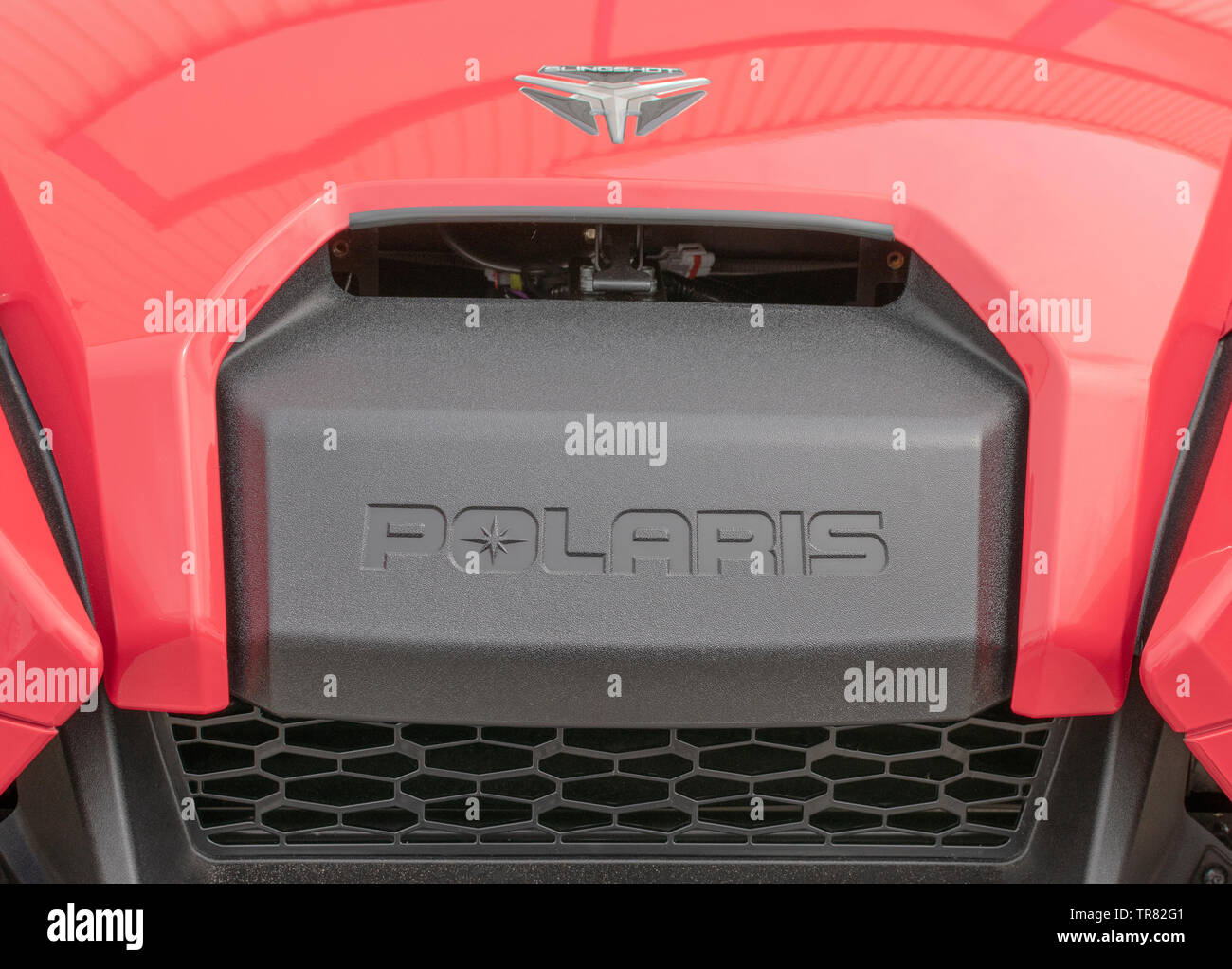 Stekene, Belgium, 26 May 2019, Polaris. Detail and trademark logo. The Slingshot is a three-wheel vehicle, with two wheels in front, and a single whee Stock Photo