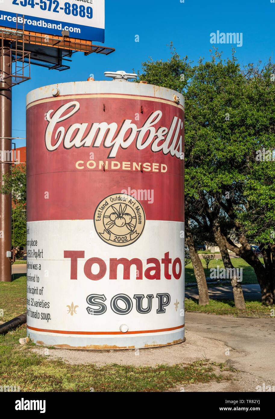 Giant Campbell’s Tomato Soup can, outdoor art museum featuring replicas of famous artworks, Eastland, Texas, USA. Stock Photo