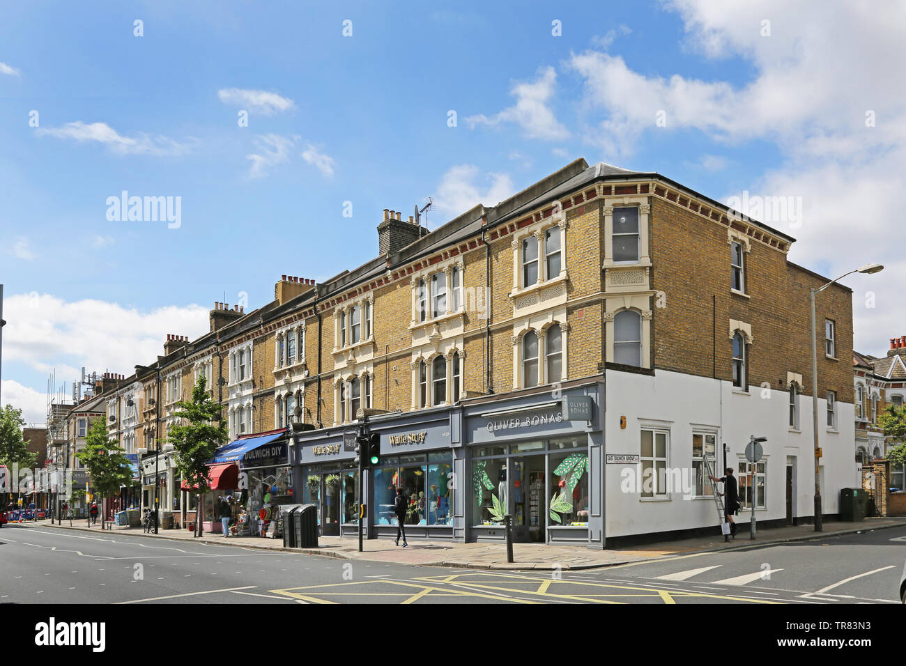 Shops on Lordship Lane, East Dulwich, London, UK. Shows Oliver Bonas and White Stuff. Junction with Dulwich Grove. No traffic - very unusual! Stock Photo