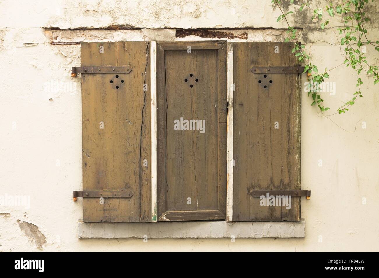 Three wooden windows in a white wall background (Germany, Europe) Stock Photo