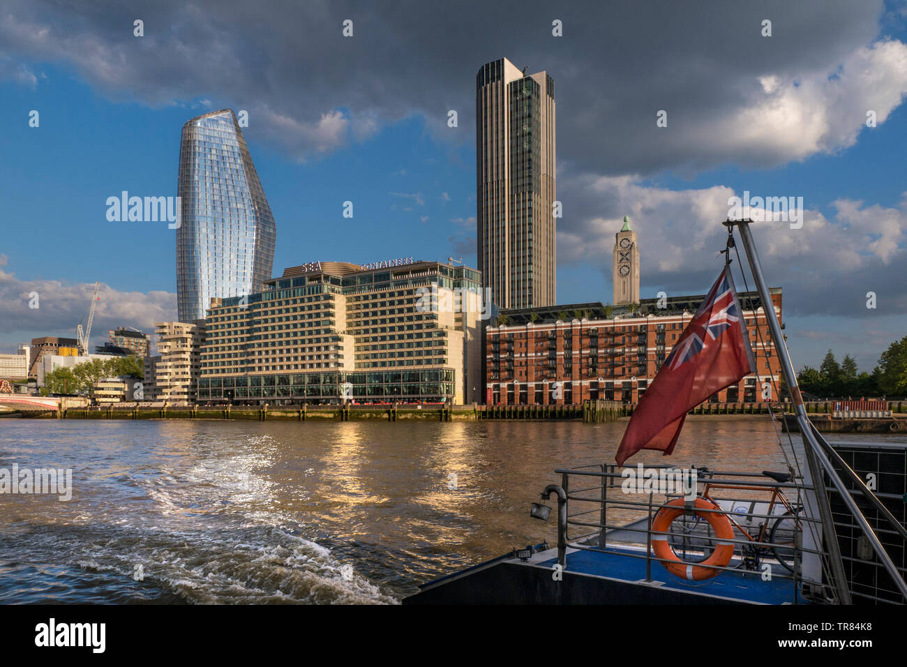 Sea Containers Hotel Complex, Bank Towers, Cityscape River Thames, Oxo Tower & Wharf, One Blackfriars 'The Vase'  from RB1 Boat SouthBank London UK Stock Photo
