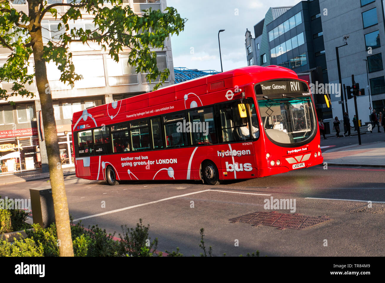 Zero emissions Hydrogen London Red Bus, green, pollution free, TFL Transport For London Bus Travel network. RV1 Tower Gateway Waterloo London SE1 Stock Photo