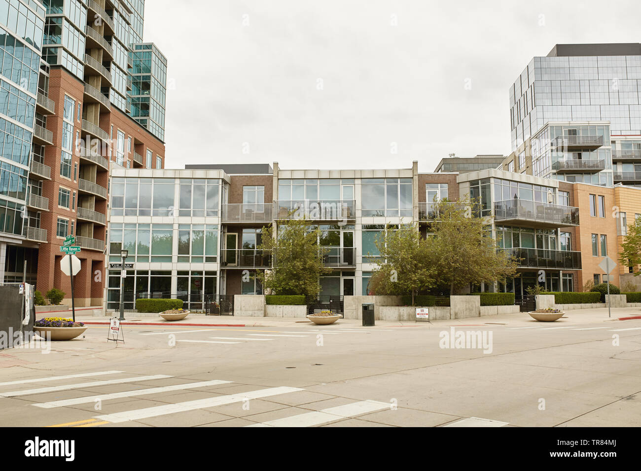Modern condos and highrise buildings in the Riverfront Park neighborhood of downtown Denver