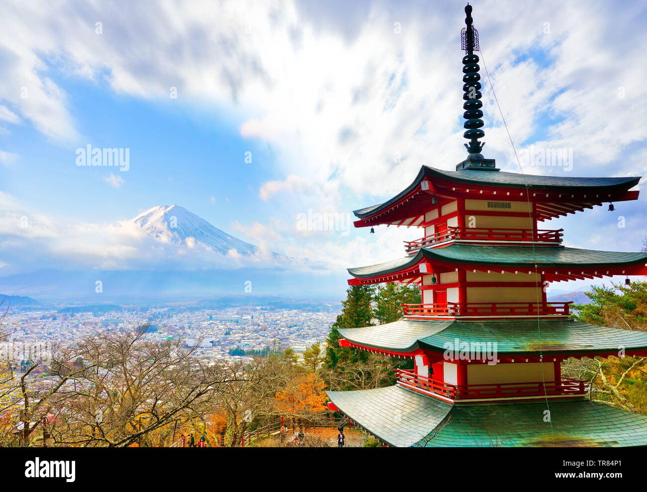 View of the Japanese temple in autumn with Mount Fuji in the View of the Japanese temple in autumn with Mount Fuji in the