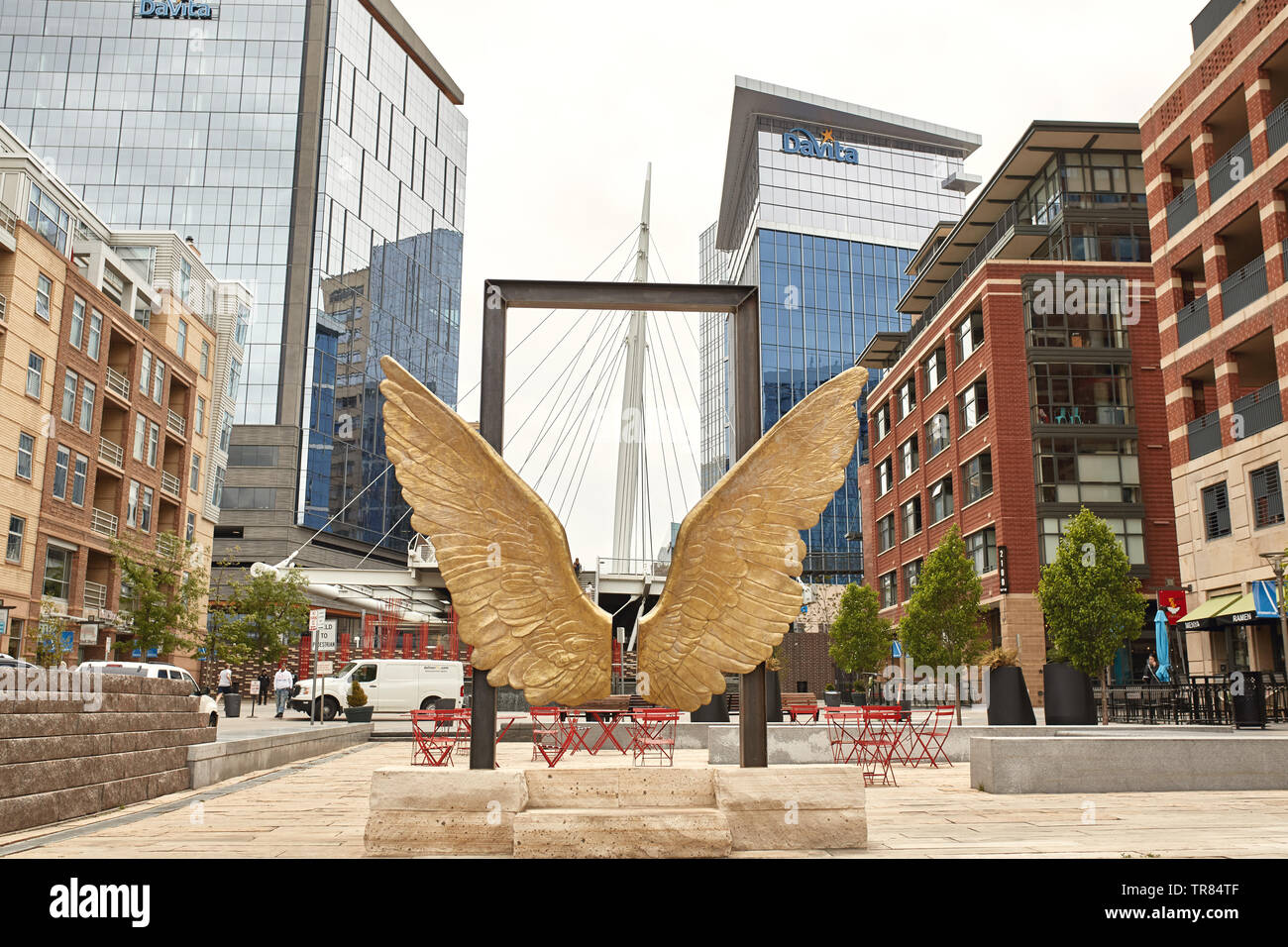 Millennium Bridge and wing statue at the Riverfront Park neighborhood of Denver, Colorado