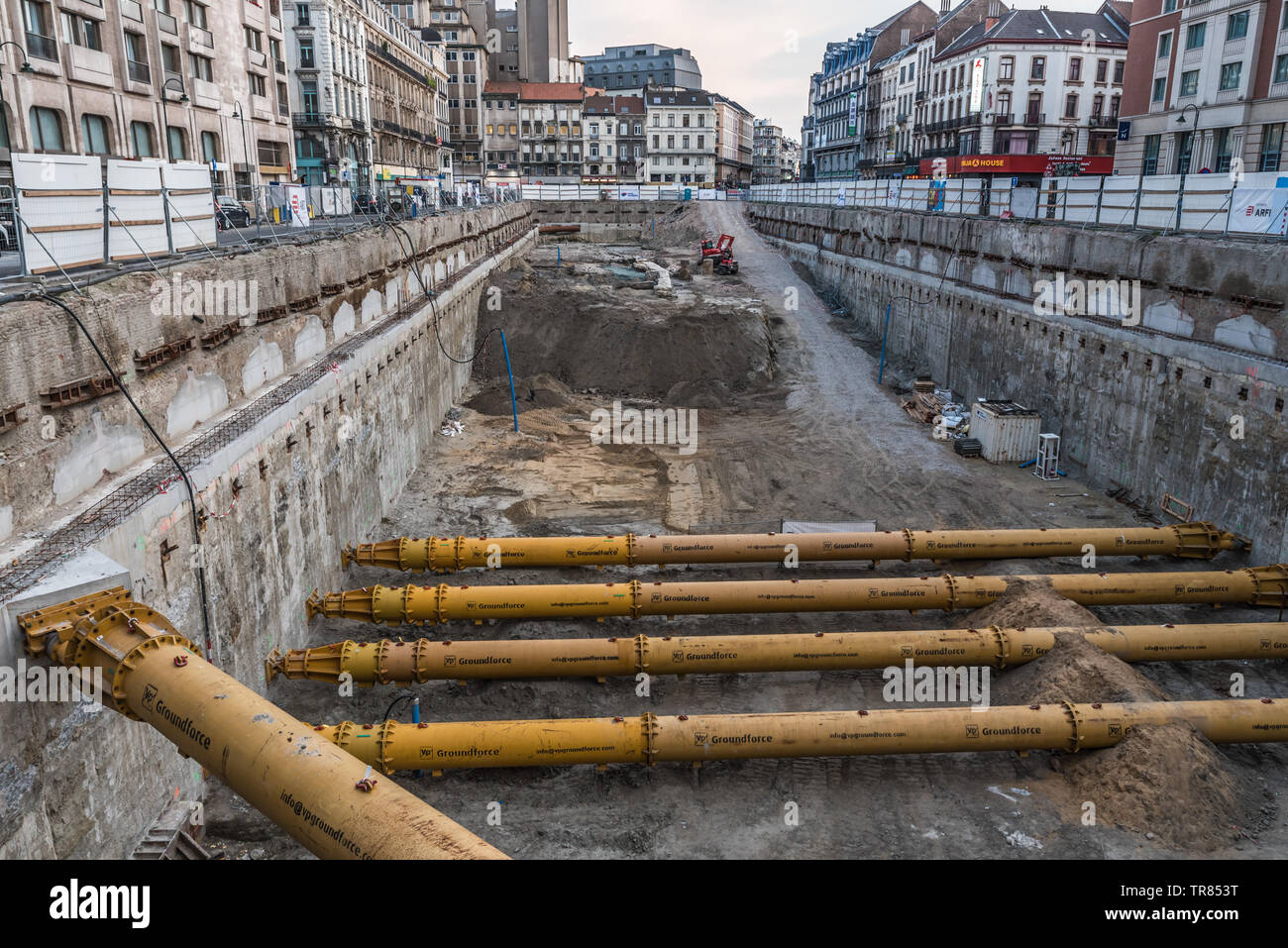 Brussels Old Town / Belgium - 05 22 2019: The construction site of the ancien demolished Parking 58 with a large concrete foundation and metal foundat Stock Photo