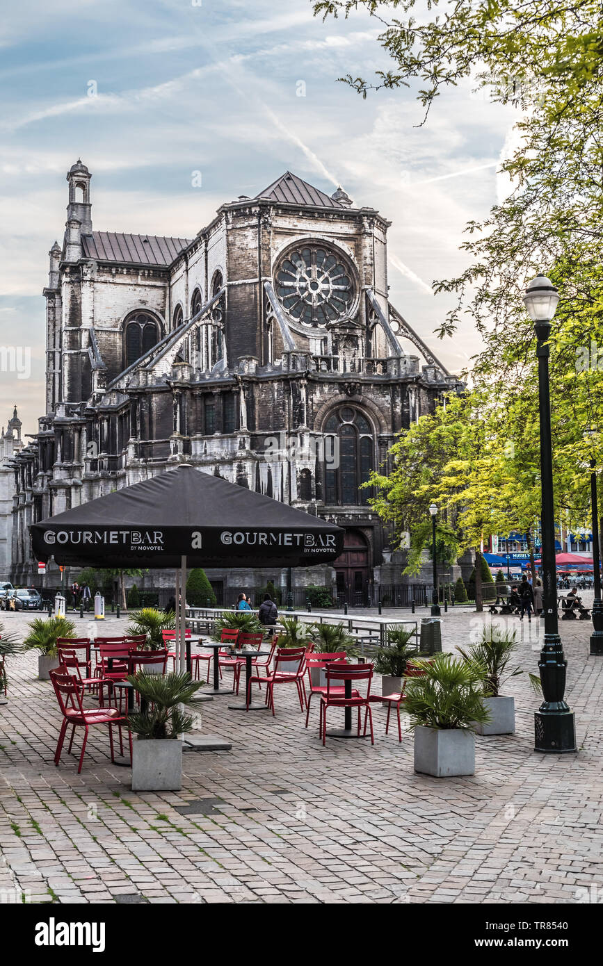Place Sainte Catherine with an empty terrace and the church in the background Stock Photo