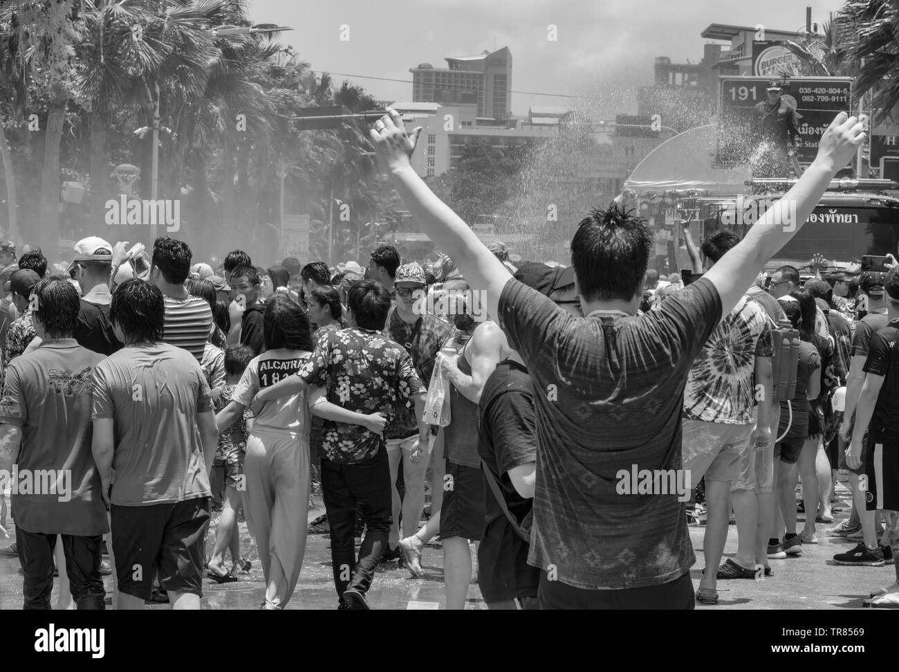 PATTAYA,THAILAND - APRIL 19,2019:Beachroad Thousands of people were celebrating the last day of Songkran,which is the New Years Eve of Thailand, Stock Photo