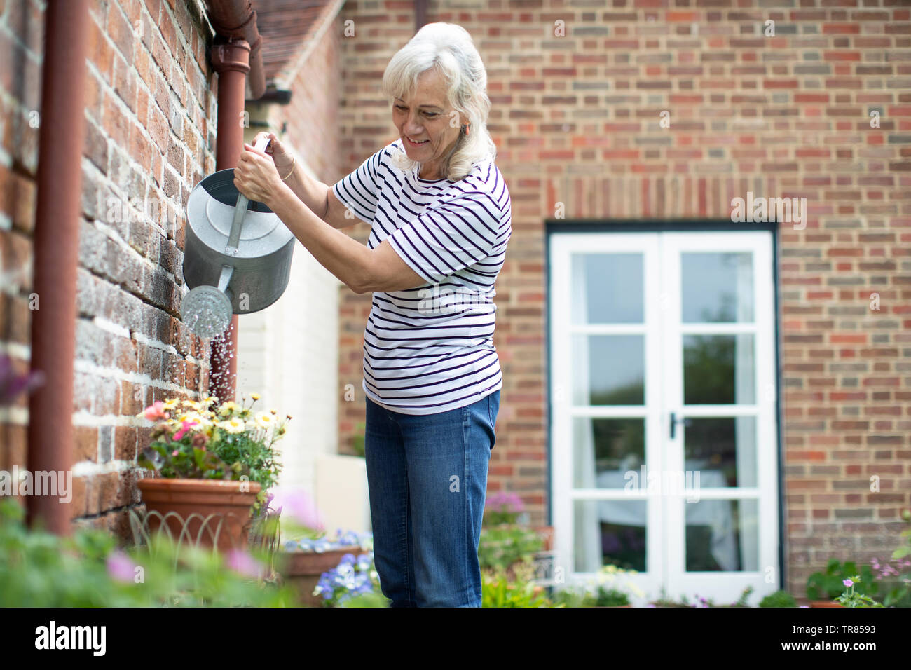 Senior Woman Watering Plants With Watering Can In Garden At Home Stock Photo