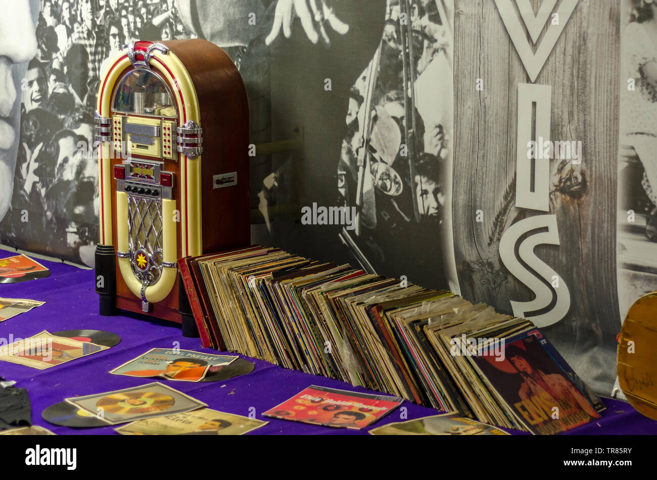 Retro jukebox in the corner of a classic car museum  in Koscierzyna, Poland. Stock Photo