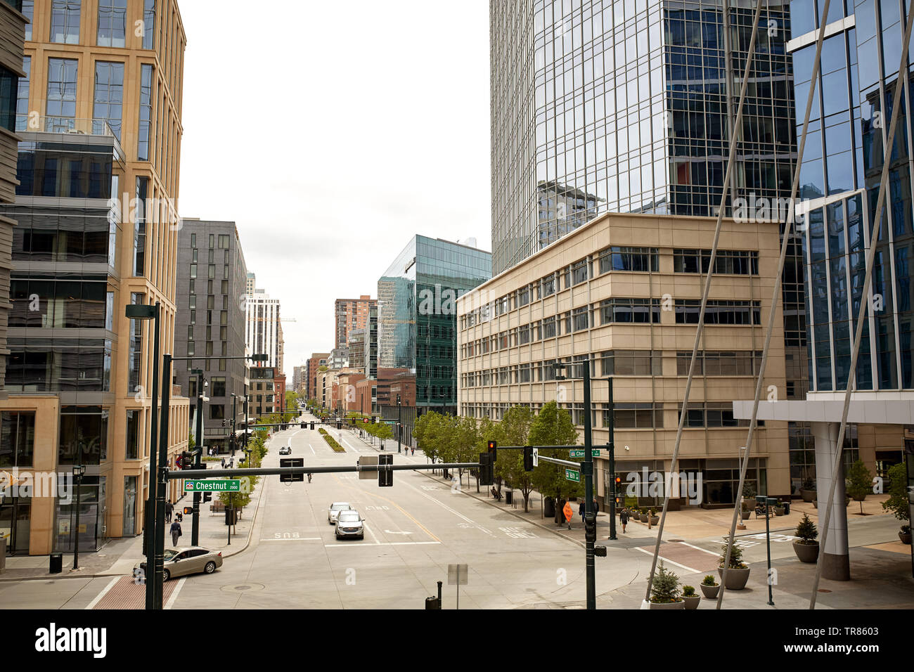 Modern condos and highrise buildings in the Riverfront Park neighborhood of downtown Denver