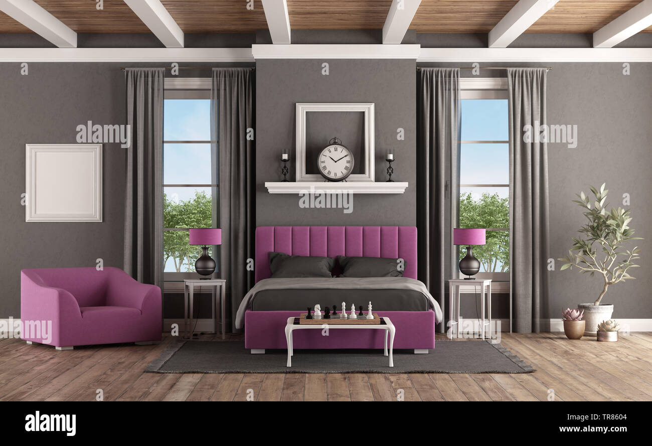 Master bedroom in classic style with modern purple bedroom and armchair - 3d rendering Stock Photo