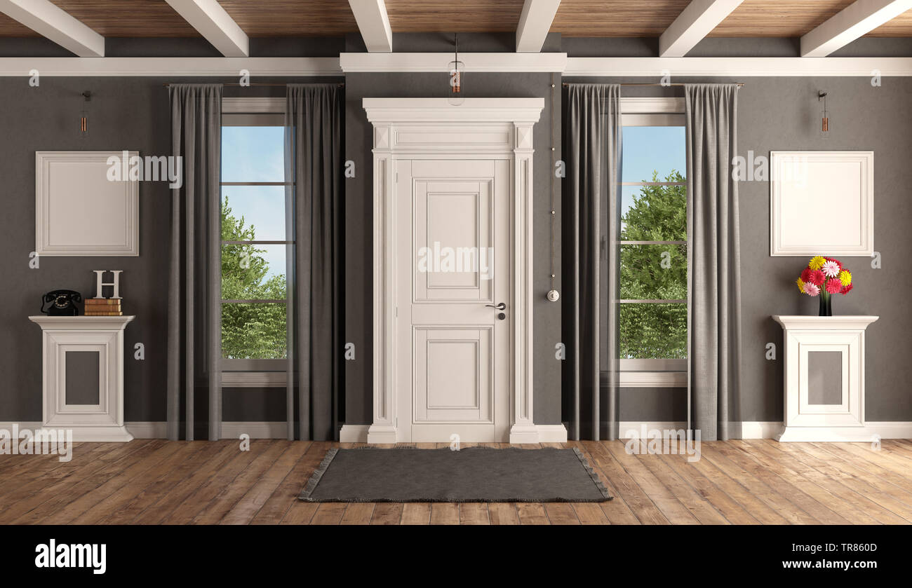White and gray home entrance of a classic villa with closed front door and two windows - 3d rendering Stock Photo