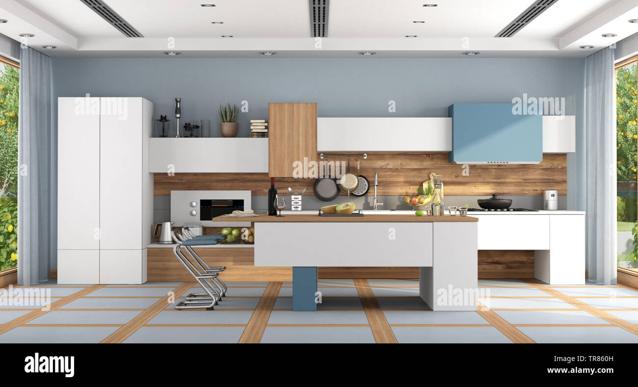 White and blue modern kitchen with island and stool - 3d rendering Stock Photo
