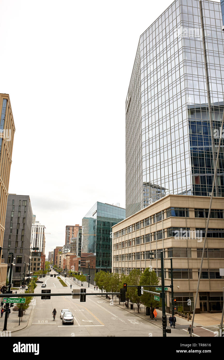 Modern condos and highrise buildings in the Riverfront Park neighborhood of downtown Denver